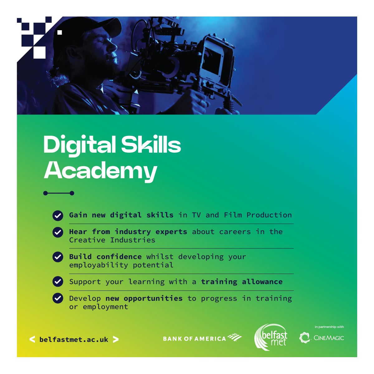 DIGITAL SKILLS ACADEMY 🎥⭐️ Apply now for a fantastic opportunity to gain digital skills, improve employability and gain insight into the Creative Tech Industries with <a href="/bfastmet/">Belfast Met</a> + #Cinemagic!

CLICK HERE: tinyurl.com/2svwpsj4

#DigitalSkills #Employability #BeInspired