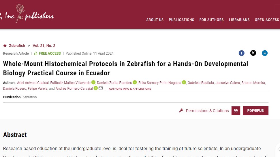 andresro40's tweet photo. Nuestra primera publicación en #zebrafish! El lab de Biología del Desarrollo de la @PUCE_Ecuador inició, en el 2018, a establecer colonias de pez cebra para enseñanza e investigación. El apoyo recibido por la PUCE y después por @EduSuperiorEc a través del los fondos #INEDITA 1/ https://t.co/oiZ2WCzfqB
