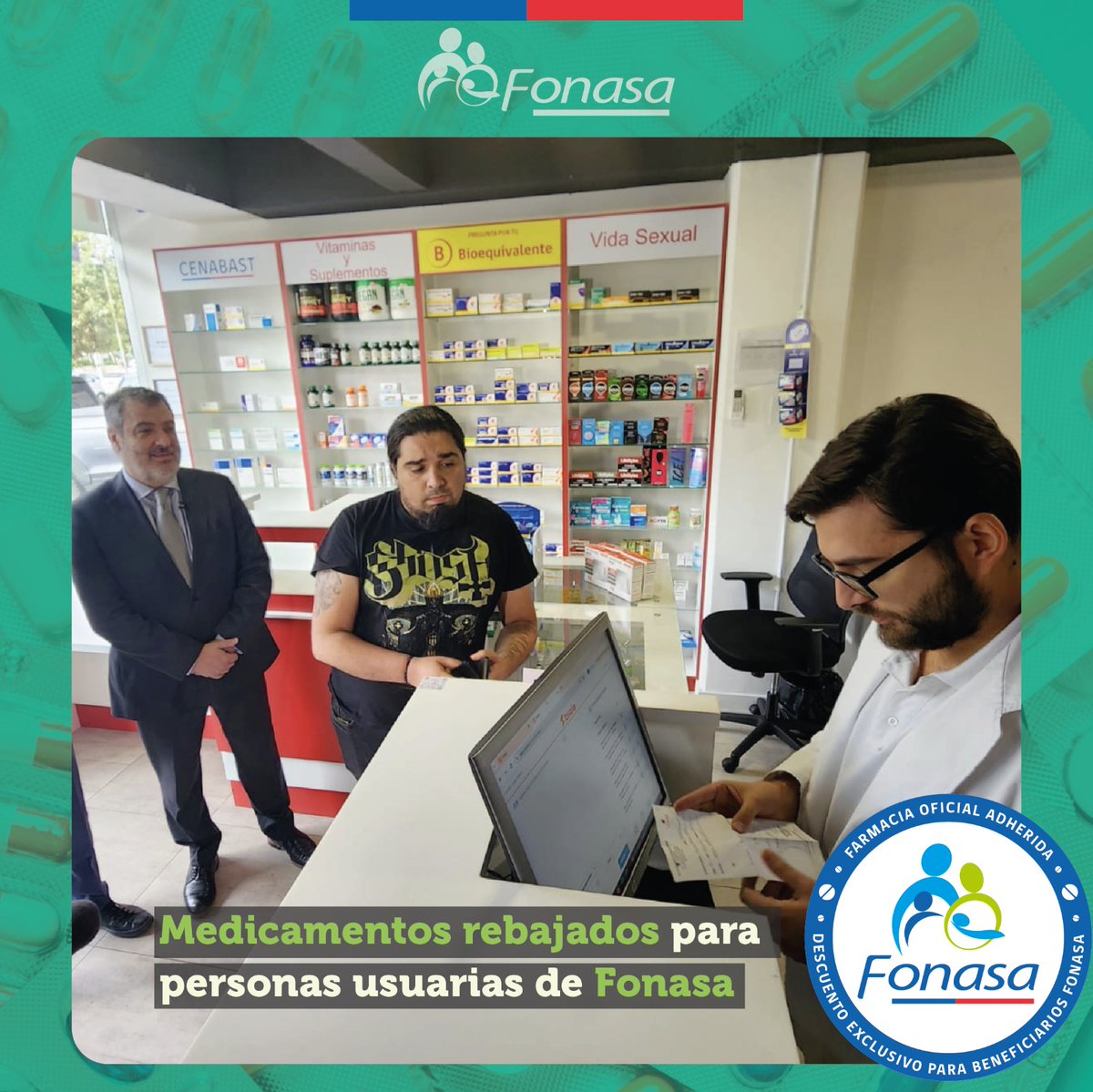 Fonasa's tweet photo. 🔴#AHORA 
Camilo Cid, director de @Fonasa anuncia la ampliación del convenio de precios rebajados en medicamentos para personas usuarias del #Fonasa. Actividad se desarrolla en Farmacia #Farmex, uno de los locales adscritos al convenio. https://t.co/dxp4seu2ll