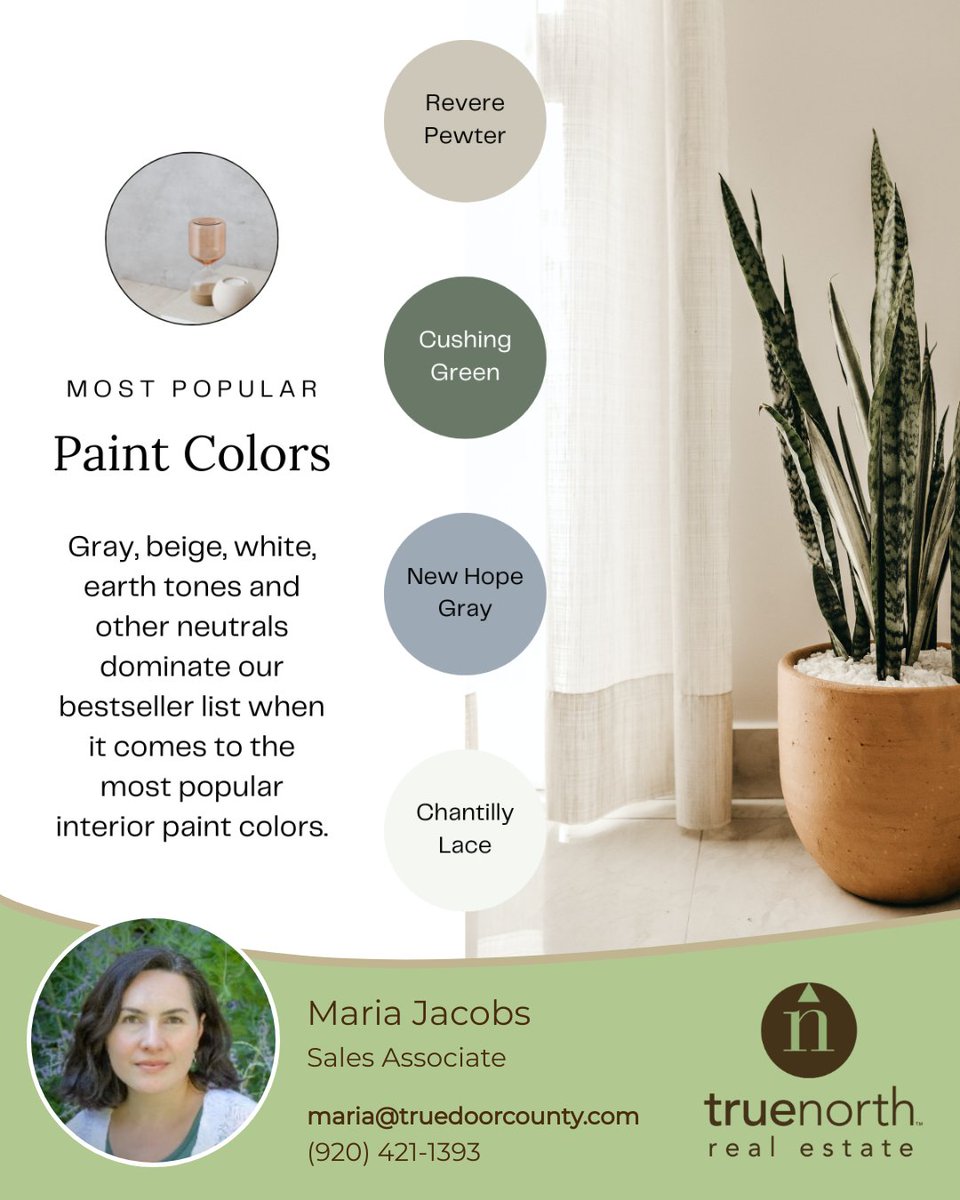Thinking about a fresh coat of paint? 🎨 Here are some colors making a splash in homes everywhere: 🖌 Revere Pewter - the perfect warm gray 🖌 Cushing Green - for a serene, nature-inspired vibe 🖌 New Home Gray - a versatile neutral 🖌 Chantilly Lace - a timeless, clean white