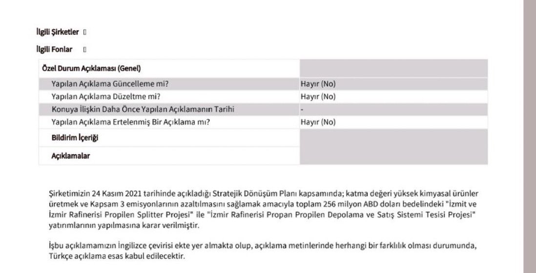 #tuprs  Stratejik dönüşüm planı kapsamında katma değeri yüksek ürünler üretmek ve emisyon azaltılması maksadıyla İzmir ve Kocaeli rafinerilerinde yatırım kararı alınmış. Toplam bedel 256 milyon usd. Yatırımcılarına hayırlı olsun 🔥 #TUPRS  #BORSA