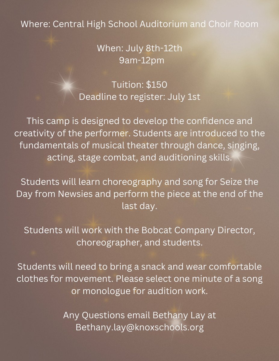 BethanyLay3's tweet photo. We will be holding a Musical Theater Camp for middle schoolers at Central this summer! Info and link below..
@KnoxCentralHS 

https://t.co/sopJgwzCiK https://t.co/amI2b65IEs