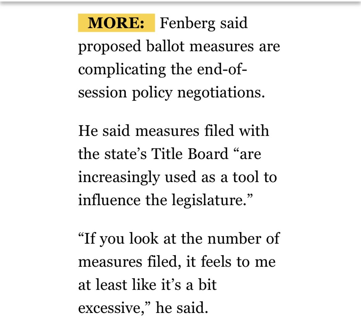 .⁦@SteveFenberg⁩ unhappy w/ citizens bypassing the ineffective legislature to actually get things done. Apparently 600 bills every year by the legislature isn’t excessive. But how dare the citizens take real solutions into our own hands! 😂 #copolitics #coleg