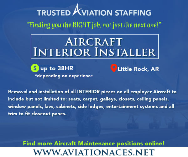 Need a job? Seeking experienced Interior Installers for a position in Little Rock, AR with quick turnaround time. Contact ACES dedicated recruiters today to learn more and apply! CONTACT US! 👇 aviationaces.net/job-openings Call: 817.402.0405 or #aviationjobs #nowhiring