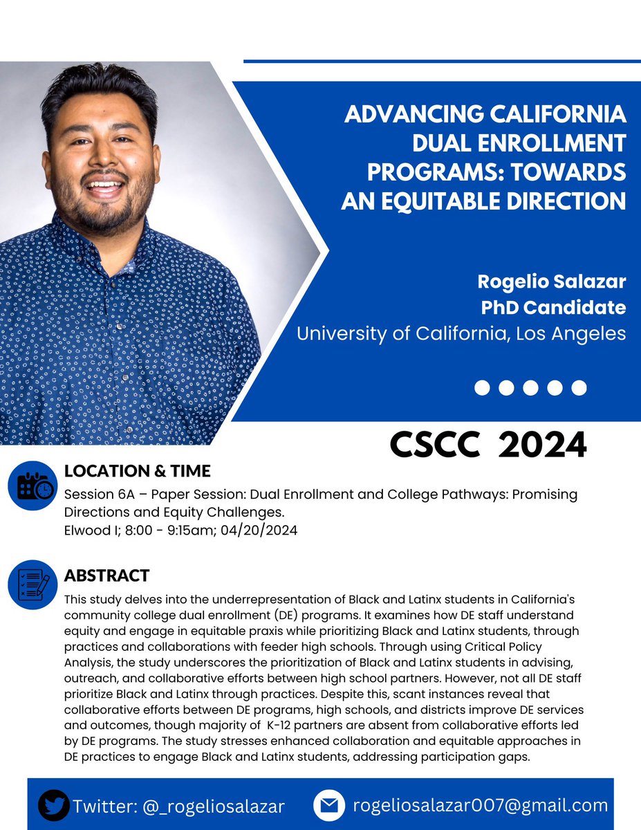 EriqFelix's tweet image. Check out #CCHALES homies at @CSCCResearch!! One session later today and a few mañana on #GuidedPathways, #RPPs, #DualEnrollment, and a Queer of Color critique. Cheering on from afar!! Show em some love!! #CSCC2024
