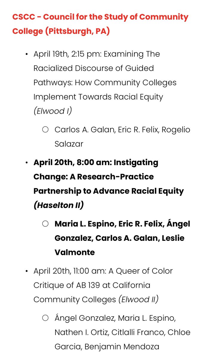 EriqFelix's tweet image. Check out #CCHALES homies at @CSCCResearch!! One session later today and a few mañana on #GuidedPathways, #RPPs, #DualEnrollment, and a Queer of Color critique. Cheering on from afar!! Show em some love!! #CSCC2024