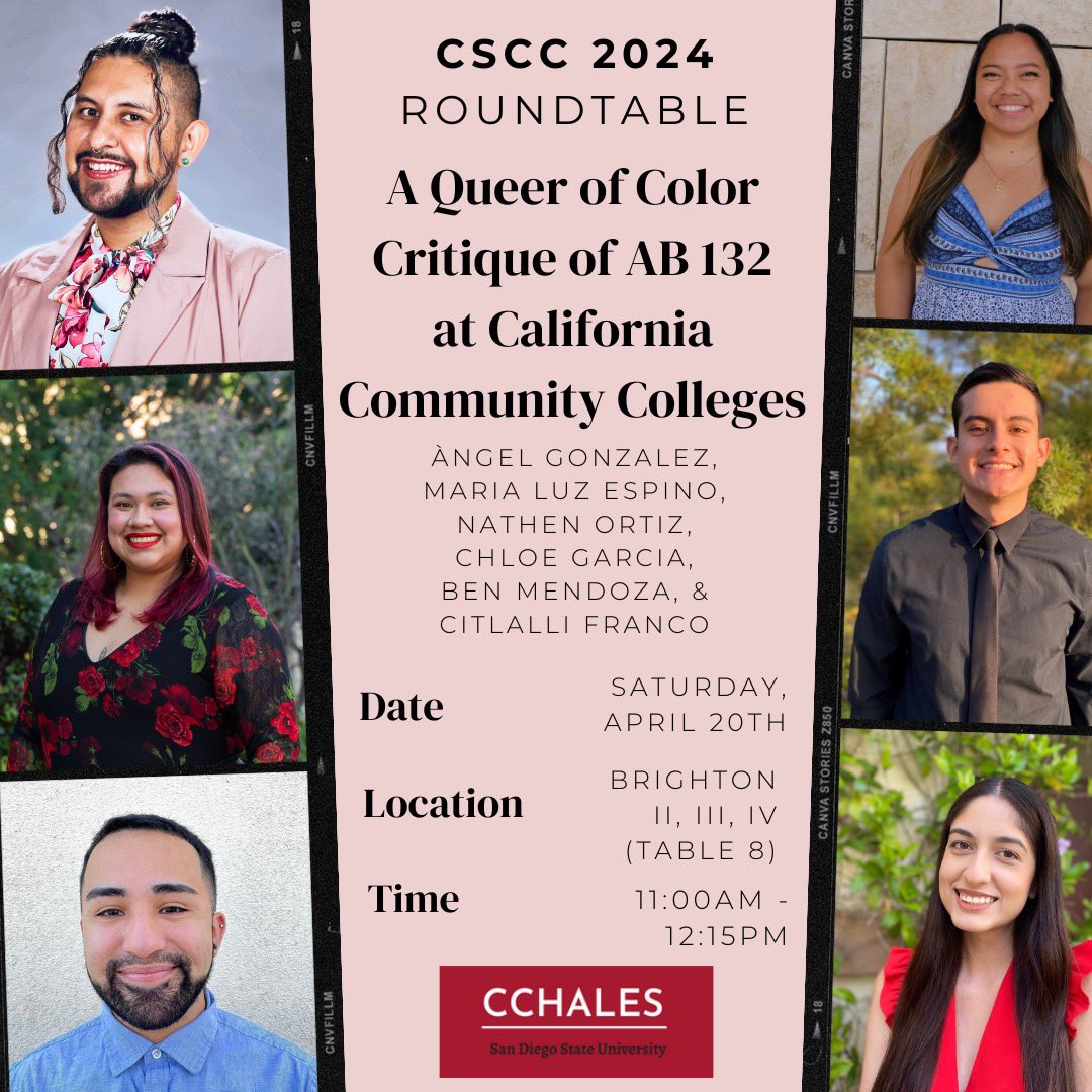 EriqFelix's tweet image. Check out #CCHALES homies at @CSCCResearch!! One session later today and a few mañana on #GuidedPathways, #RPPs, #DualEnrollment, and a Queer of Color critique. Cheering on from afar!! Show em some love!! #CSCC2024