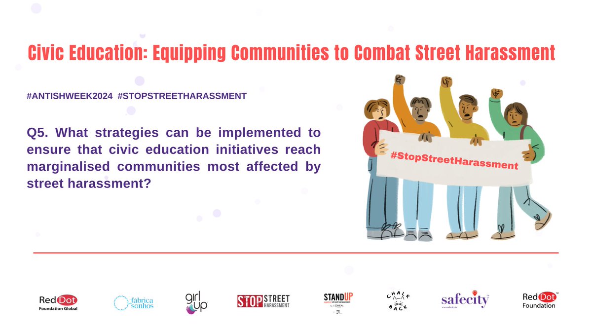 5. What strategies can be implemented to ensure that civic education initiatives reach marginalised communities most affected by street harassment?

- Tweet your answers with the question number (e.g. A1, A2, A3) 
- Use the hashtag #AntiSHWeek2024
#Safecity #RedDotFoundation