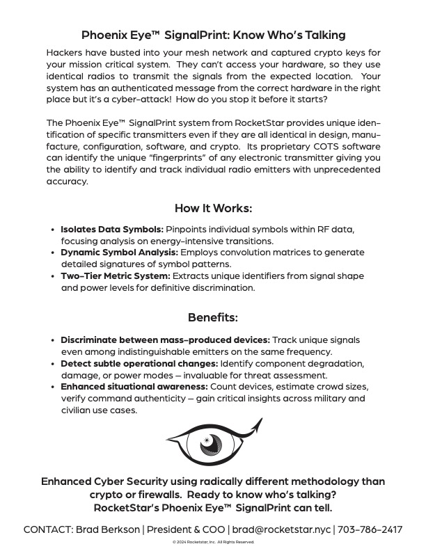 SignalPrint identifies & tracks individual radio emitters with remarkable accuracy, even among identical devices. It enhances cybersecurity by discriminating between mass-produced devices & detecting subtle operational changes. #dsp #digitalsignalprocessing #militaryops