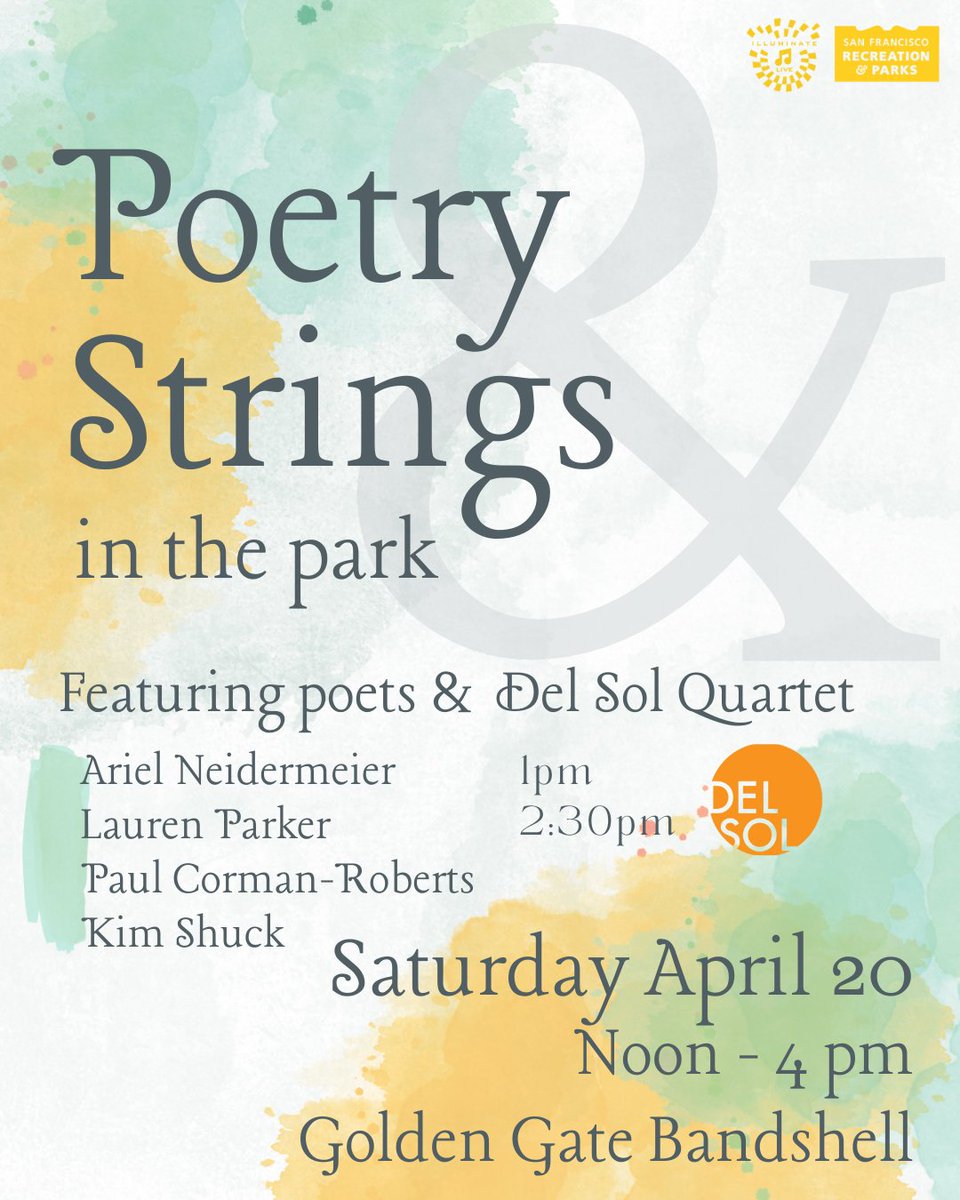 Head out to the Music Concourse this weekend for a special Sat 4/20 show: Poetry & Strings in the Park Featuring live music by: @Delsolquartet & poetry by: Ariel Neidermeier Lauren Parker Paul Corman-Roberts Kim Shuck This show is free & all ages! @recparksf