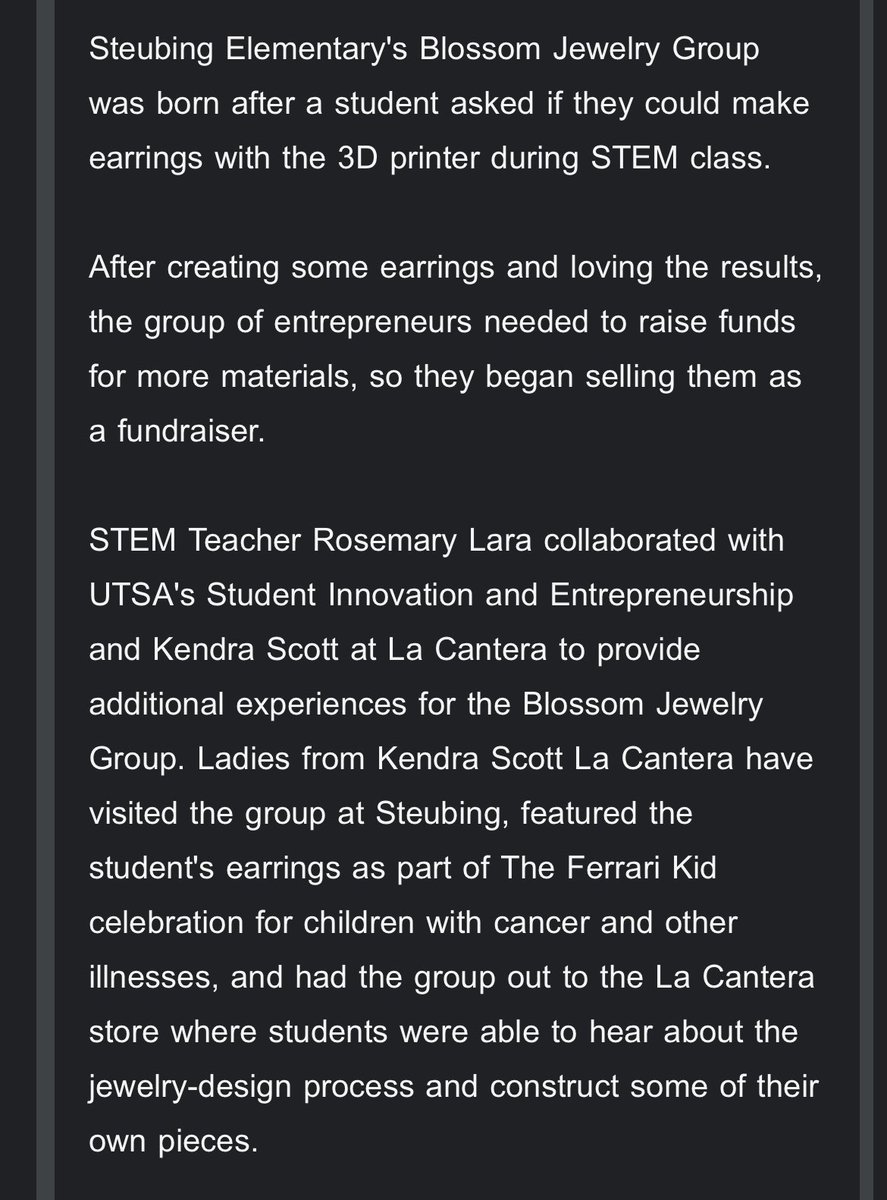 So incredibly proud of my friend @rosemarylara96- STEM teacher extraordinaire @NISDSteubing. A simple question (can I make 3D printed earrings?) sparked a revolution in learning! Rosemary connected with both @UTSA & @KendraScott to excite & motivate her Blossom Group innovators!