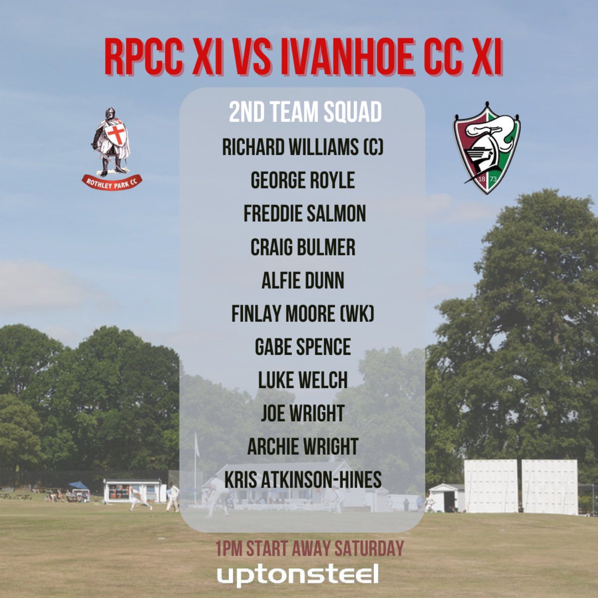 This Saturday our first team are at home facing <a href="/Lutterworth_CC/">Lutterworth C C</a> !!

The second XI will be heading to <a href="/IvanhoeCC/">Leicester Ivanhoe</a> grounds for a 1pm start 🏏

Best of luck to both teams, head down to either of the grounds to support.

#RPCC #UptonSteel #Cricket #Leicestershire
