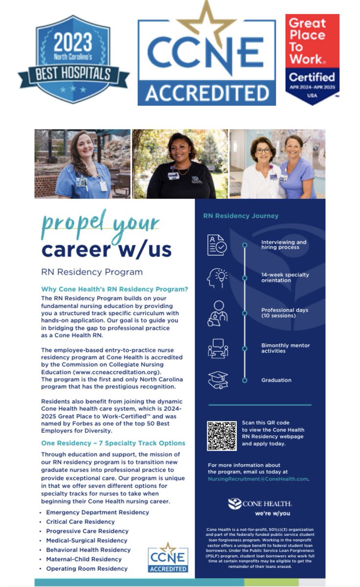 Cone Health has employment opportunities for students within their accredited (CCNE) RN Residency Program! 🩺Cone Health aims to support smooth transitions for students from academic settings to professional roles. To apply to the program visit: careers-conehealth.icims.com/jobs/21102/rn-…