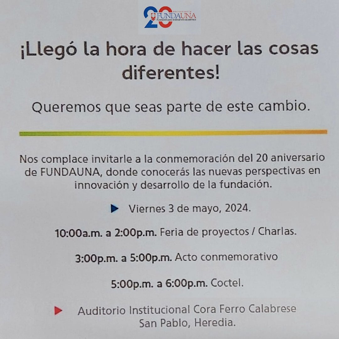 CideDeb's tweet photo. Nos complace invitarle a la conmemoración del 20 aniversario de FUNDAUNA, donde conocerás las nuevas perspectivas en innovación y desarrollo de la fundación.

Para más información: Revisar las redes sociales de FUNDAUNA https://t.co/M2OKMChzJV