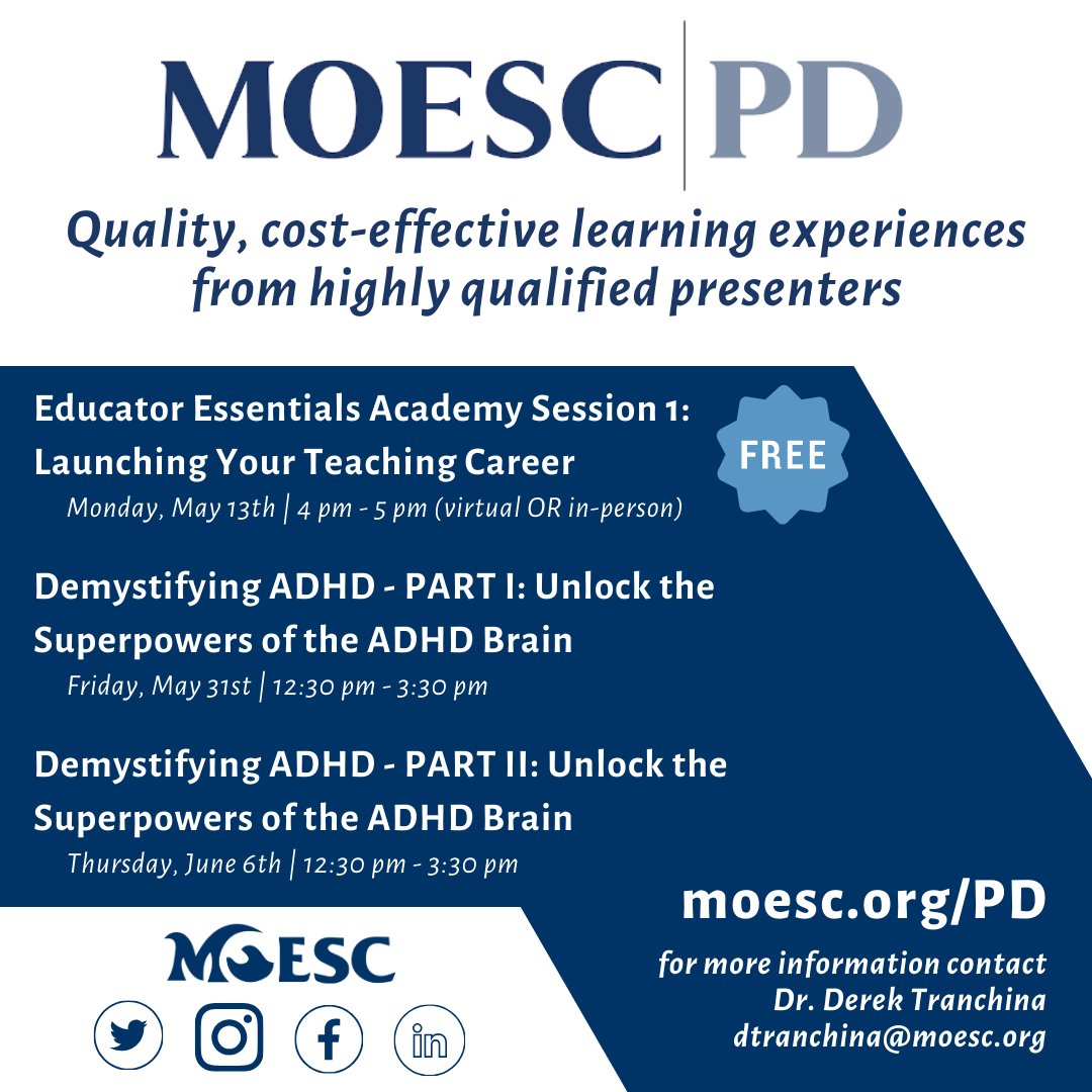 🚨The #MOESC Professional Development Series is Open for Registration!🚨 Offering quality, cost-effective learning experiences from highly qualified presenters. 👉 moesc.org/PD #MOESCPDS #PD @LM2consultants @AbramoEd @DrGeorge_MU @DrGrayMorales @DerekTranchina