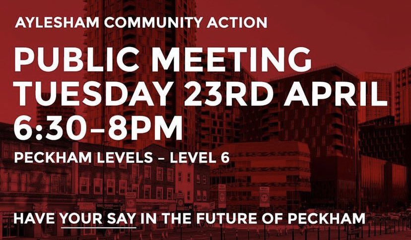 Come to our community meeting next Tuesday 23 April at Peckham Levels! Everyone welcome. Register on the Eventbrite link on our pinned page so we get a feel for numbers. If you're pushed for time, just drop in. Spread the word. @peckhamlevels @PeckhamVision