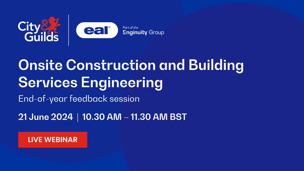 In partnership with @cityandguilds, join us for a live Onsite Construction and Building Services Engineering end-of-year feedback session. ⬇️

📅 21 June 2024
⏰ 10.30 AM – 11.30 AM BST

🔗 Register now: cityandguilds.com/tlevels/events

#EAL #CityandGuilds #TLevels #TLevel @TLevels_govuk