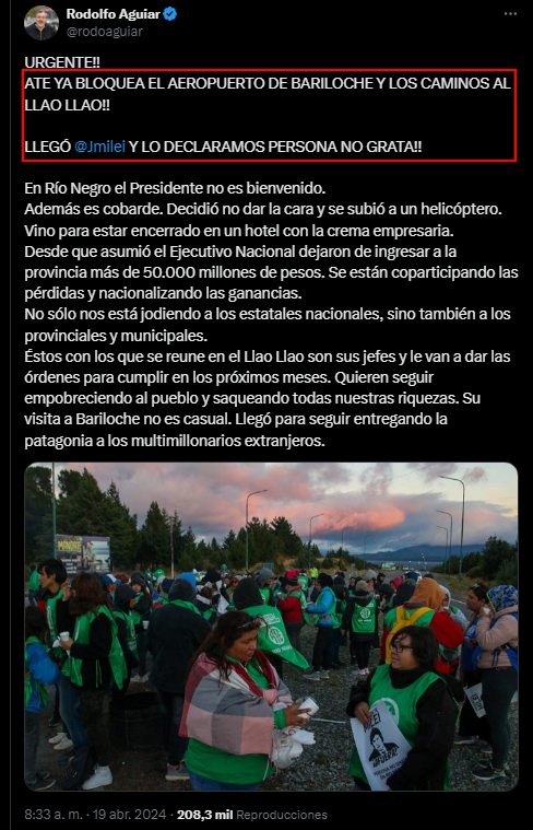 El secretario general NACIONAL de ATE (Asociación 'Trabajadores' del Estado) y sus munipitas tomaron el aeropuerto de Bariloche para protestar contra el Jefe Nacional de los Trabajadores Estatales Nacioanles, o sea digamos, Javier Gerardo Milei. Pareciera que tienen ganas de que