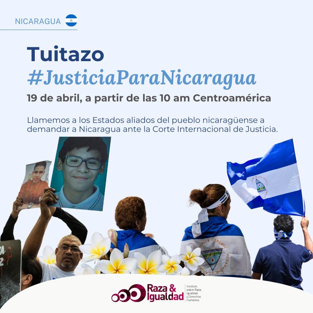 #Nicaragua🇳🇮📣 En el sexto aniversario de la crisis de DDHH, te invitamos a un tuitear usando #JusticiaParaNicaragua para instar a países aliados del pueblo nicaragüense a demandar al régimen de Daniel Ortega y Rosario Murillo ante la Corte Internacional de Justicia de la Haya.