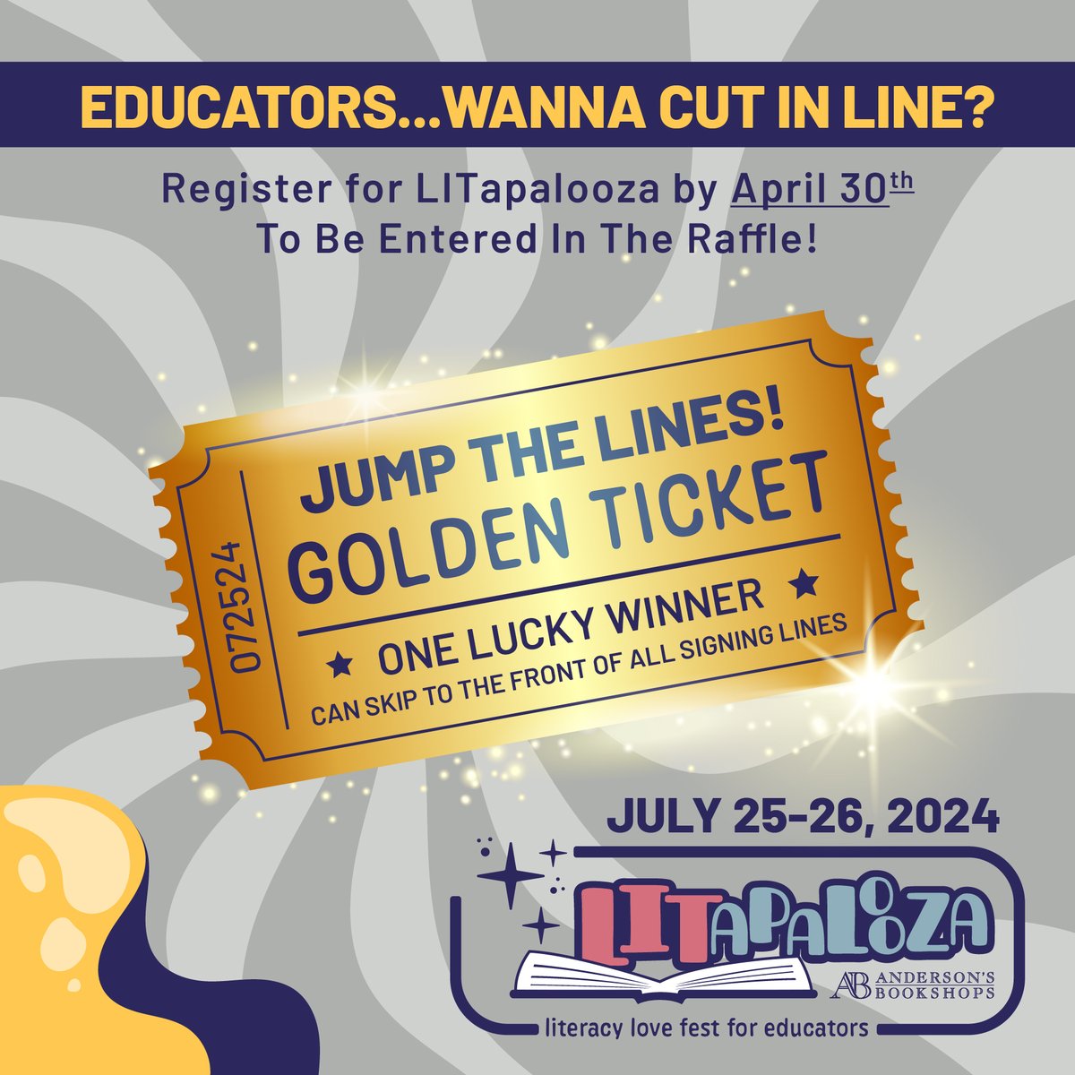 Wanna skip ALL SEVENTY+ Author Lines at @LITapalooza!? Simply register here by April 30th to be entered to win our first-ever golden ticket: LITapalooza2024.eventcombo.com