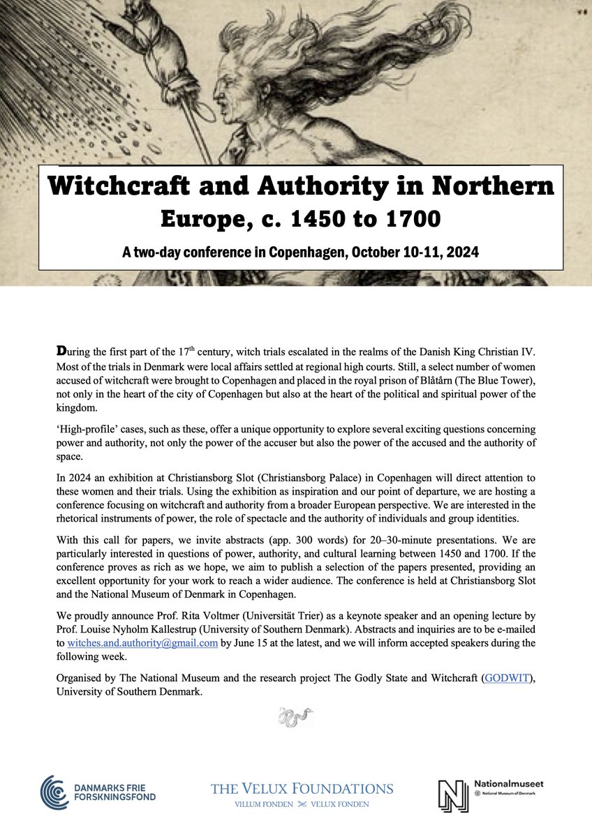 Call for paper is out for what I'm sure will be a very exciting conference on witchcraft and authority in Northern Europe which will take place in October in Copenhagen! #twitterstorians #earlymodern #hextag