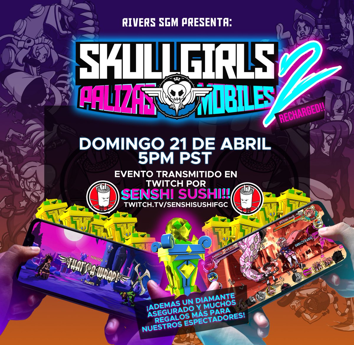 REGRESA PALIZAS MOBILES ESTE DOMINGO 💥 SHOWMATCH DE CREADORES DE CONTENIDO DE SKULLGIRLS MOBILE 💀 NO OLVIDEN QUE ESTAREMOS SORTEANDO RELIQUIAS Y KEYS DE STEAM DE SG2E 📢 Link de la transmisión acá abajo ⬇️ Nos vemos en el juego. 🎨 @erickdraves