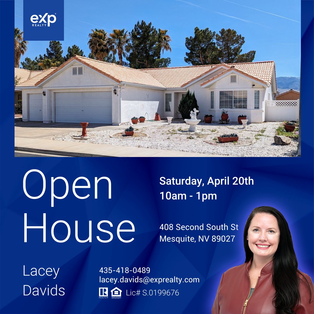 👫 Join me this Saturday, April 20th, 2024, from 10 a.m. until 1 p.m. at 408 2nd South St for an exclusive #OpenHouse event in #MesquiteNV! 🏡 Explore this charming 3 bed, 2 bath home with a den, featuring a 3 car garage, fully fenced backyard, and no HOA fees! #LaceyDavidsLLC