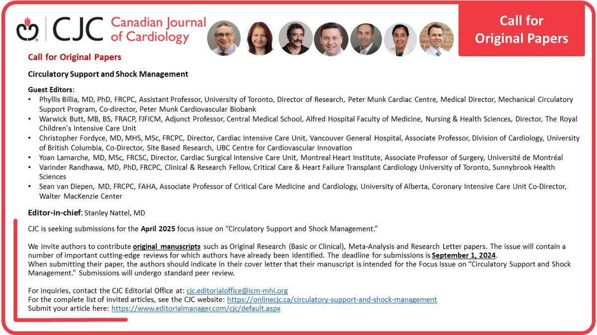 📢 CJC is seeking original research papers for an April 2025 focus issue on 'Circulatory Support and Shock Management'. Deadline for initial submissions: September 1, 2024. For more information, see here 👉 onlinecjc.ca/circulatory-su… #Circulatory #Shock #CJC