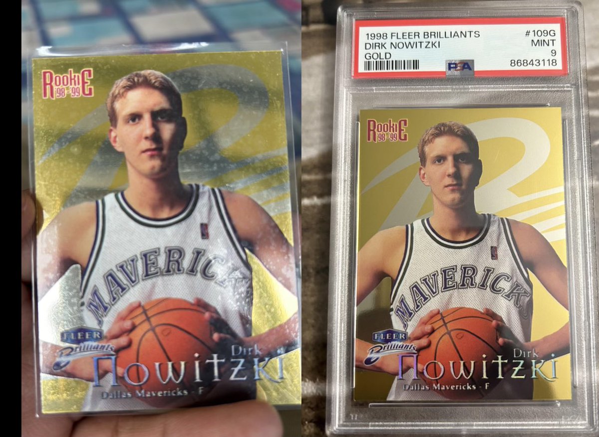 🏀 INSANE $1 BIN FIND 🏀

A collector recently found an INSANELY rare Dirk rookie card in a $1 bin at a card show. 

The card was a GOLD Dirk Nowitzki Fleer Brillants Rookie /99. He immediately knew it was an incredible find and it looked to be in good condition. 

With PSA 10’s