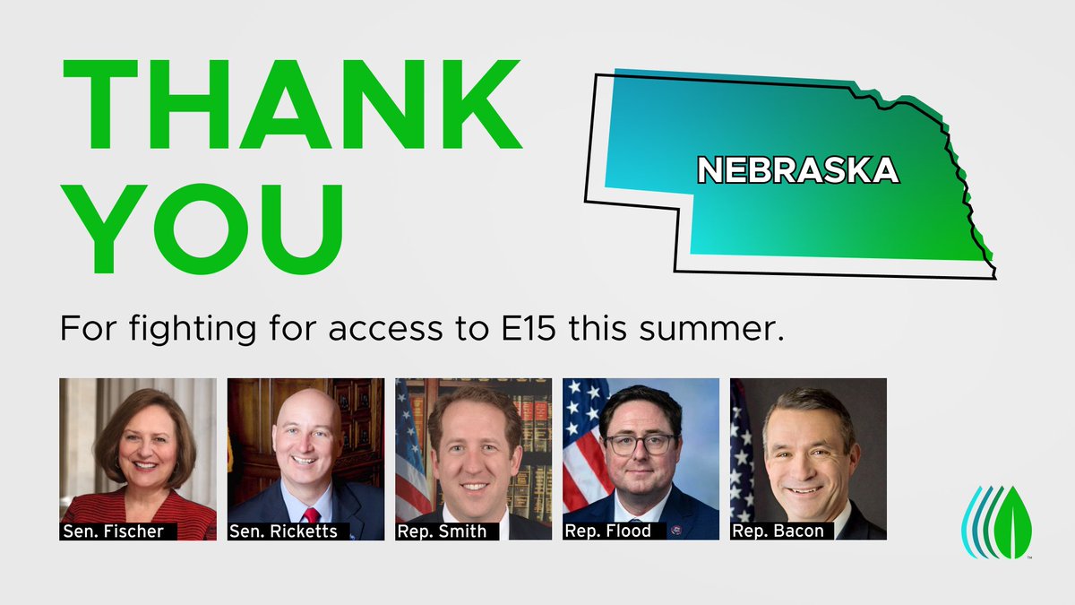 Thank you @SenatorFischer @SenatorRicketts @RepAdrianSmith @USRepMikeFlood and @RepDonBacon for fighting for summertime sales of E15! Thanks to your efforts, drivers will be able to access lower-cost, lower-carbon fuel on the road this summer.