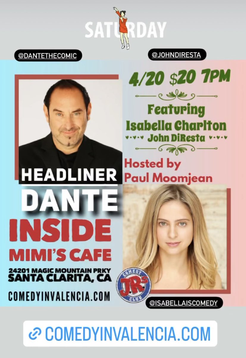 See me doing stand up this Saturday night in Santa Clarita CA!! From LAST COMIC STANDING and BETs COMIC VIEW. 7pm with @JohnDiResta @isabellaiscomedy @themoomabides Get tix here …w-comedyinvalencia-com.seatengine.com/shows/259141
