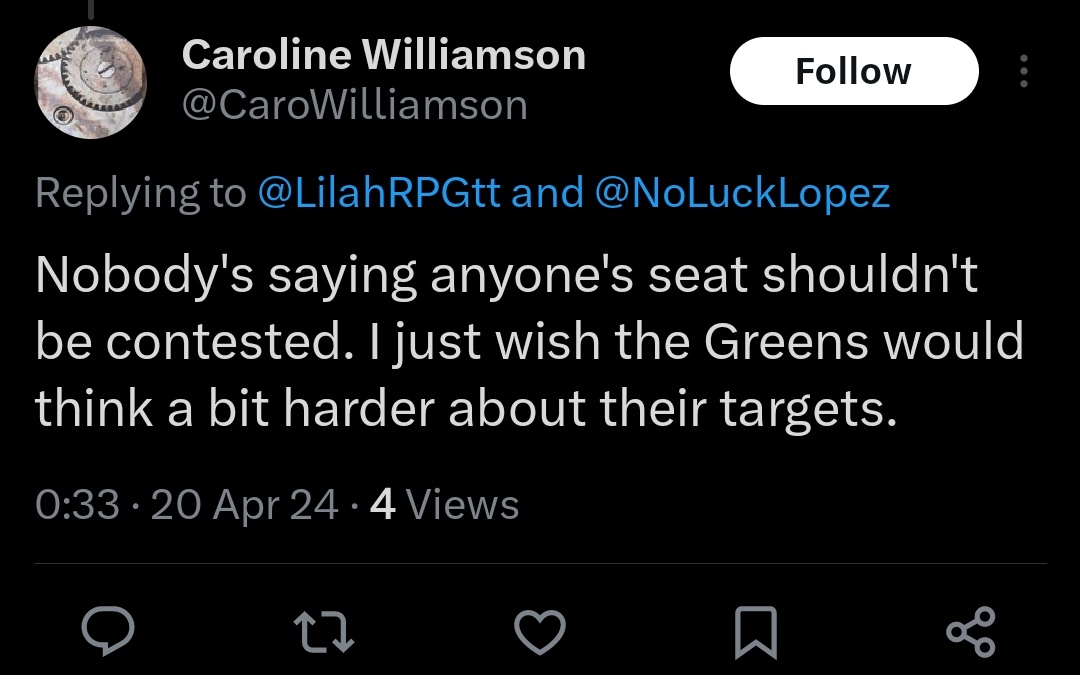 Lord give me strength. 'I have no problem with the Greens contesting seats.. just not that one.. or that one.. or that one... or any Labor ones thanks'