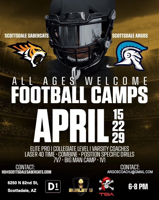 Scottsdale Sabercats (@sabercat85250) on Twitter photo Join us Monday April 22nd. Saguaro HS 6-8pm for Day 2 of Camp. Leveling up with O/D position specific drills led by our elite staff. <a href="/Siaha5/">Siaha Burley</a> <a href="/RonTBAOL/">Ron Sowers</a> and special guest <a href="/NzoneFootball/">Noel Mazzone</a>
All ages welcome 8u-14u come get better
Thank you <a href="/saguarofootball/">Saguaro Football</a> for your support. Join us Monday April 22nd. Saguaro HS 6-8pm for Day 2 of Camp. Leveling up with O/D position specific drills led by our elite staff. <a href="/Siaha5/">Siaha Burley</a> <a href="/RonTBAOL/">Ron Sowers</a> and special guest <a href="/NzoneFootball/">Noel Mazzone</a>
All ages welcome 8u-14u come get better
Thank you <a href="/saguarofootball/">Saguaro Football</a> for your support.