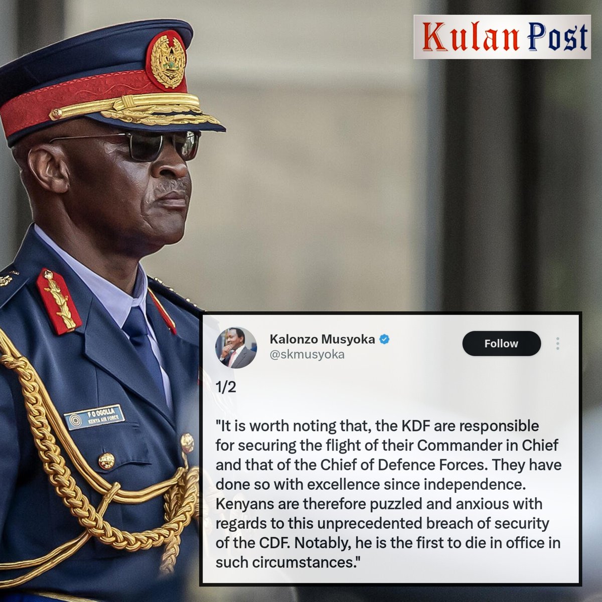 UPDATE: We need answers, says deputy opposition leader Kalonzo Musyoka as the country mourns the passing of General Francis Ogola, the Chief of Kenya Defence Forces who died on Thursday in a chopper crash along other nine other military officers. 'Kenyans are therefore puzzled