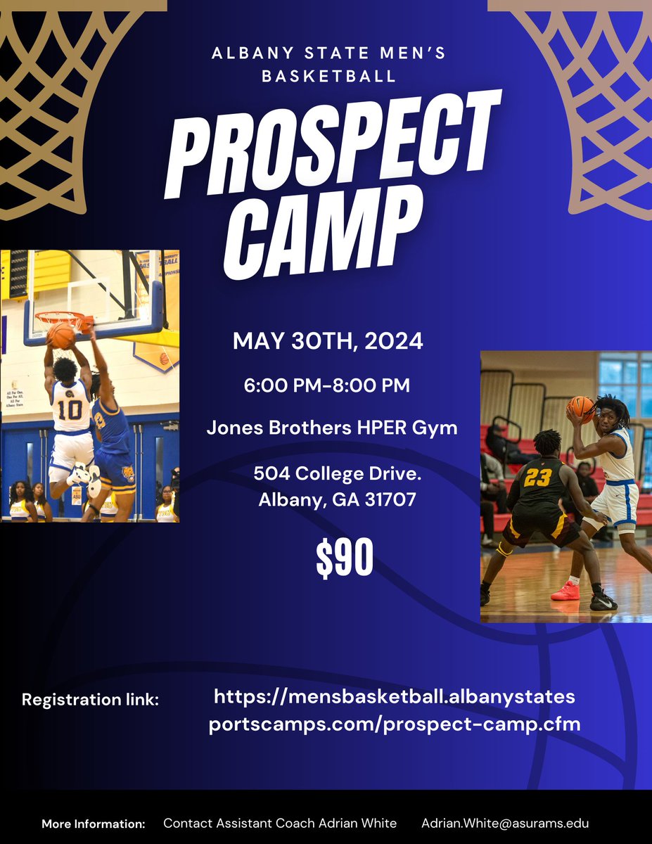 Inviting all Class of 25’, 26’, 27’ and 28’ HS ⛹🏽‍♂️ to the @ASUGoldenRamsMB Prospect Camp on May 30th from 6pm-8pm Any questions reach out to @coachadwhite Registration is now open: … …basketball.albanystatesportscamps.com/prospect-camp.…