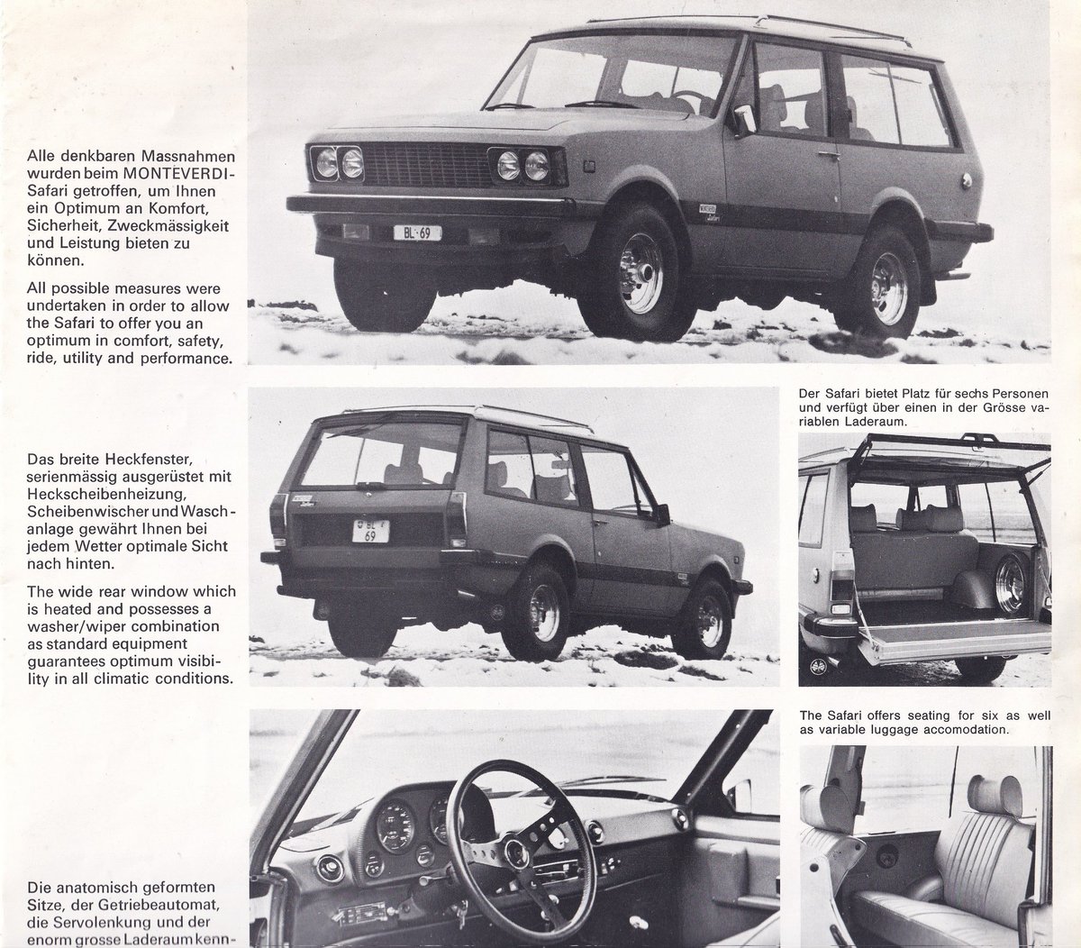 Swiss marque Monteverdi catered for buyers for whom money was no object. The 'impeccably equipped' Safari 4X4 in this 1977 brochure had angular Fissore styling, disguising the model's far humbler International Scout roots, and Chrysler V8 power. #carbrochure #Monteverdi