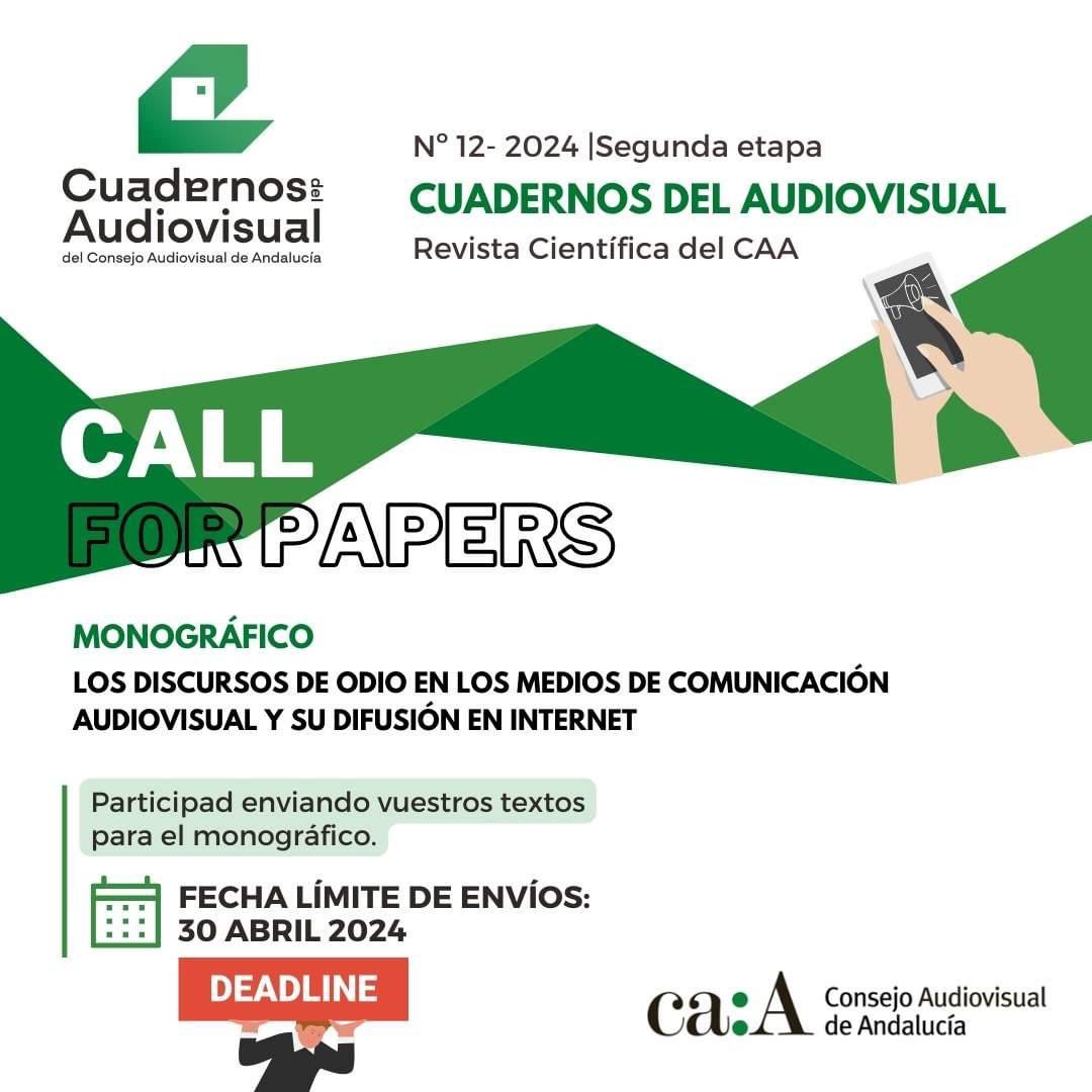 ⬇️ Además del este #CFP sobre los discursos de odio en los medios de comunicación y su difusión en Internet los #CuadernosdelAudiovisualCAA admiten artículos en su sección de miscelánea y también reseña de libros. Enlace: cuadernosdelaudiovisual.es/ojs/index.php/…