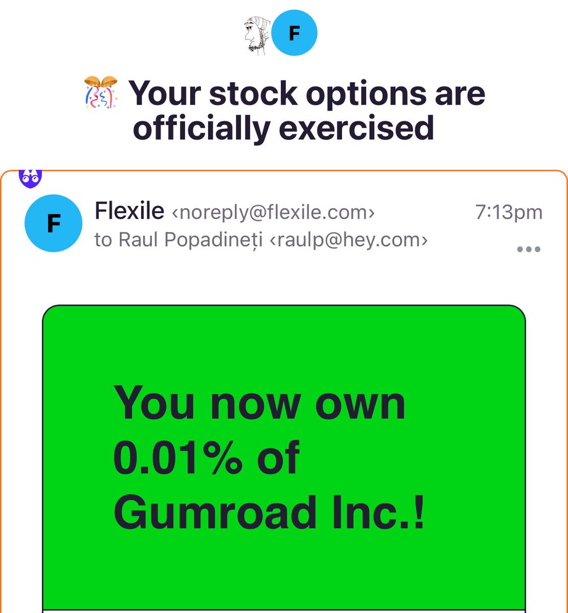 First stock options exercise through ⁦@flexile⁩! 🥳 My goal is to own at least 1% of Gumroad in the next decade.