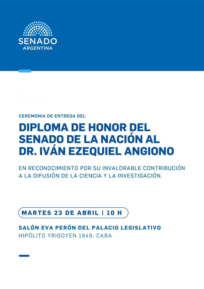 El martes 23 de abril Iván Angiono, Dr. en Matemática y profesor de @famaf_unc , recibirá un importante premio a su trayectoria en @SenadoArgentina . Egresado de la Universidad Pública, será distinguido por su dedicación a la investigación y difusión de la ciencia.