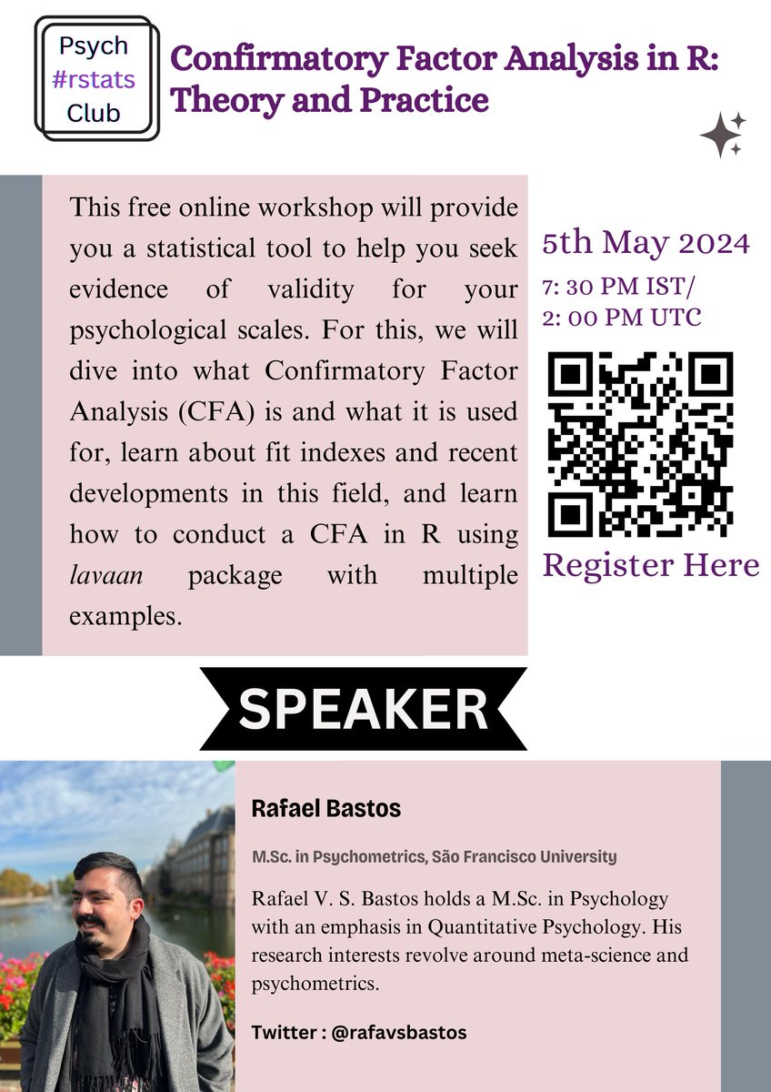 PsychRStats's tweet photo. 🚨 🌟
 
We're thrilled to announce our FREE online collaborative event with @rafavsbastos Rafael Bastos on Confirmatory Factor Analysis in R. 

🕒 Date &amp; Time: 5th May 2024. 2 PM UTC // 7 30 PM IST

🌟 Register Here:
https://t.co/X2sIHhlHg9 

#r #psychrstats #rstats https://t.co/TPzTHv5vEz