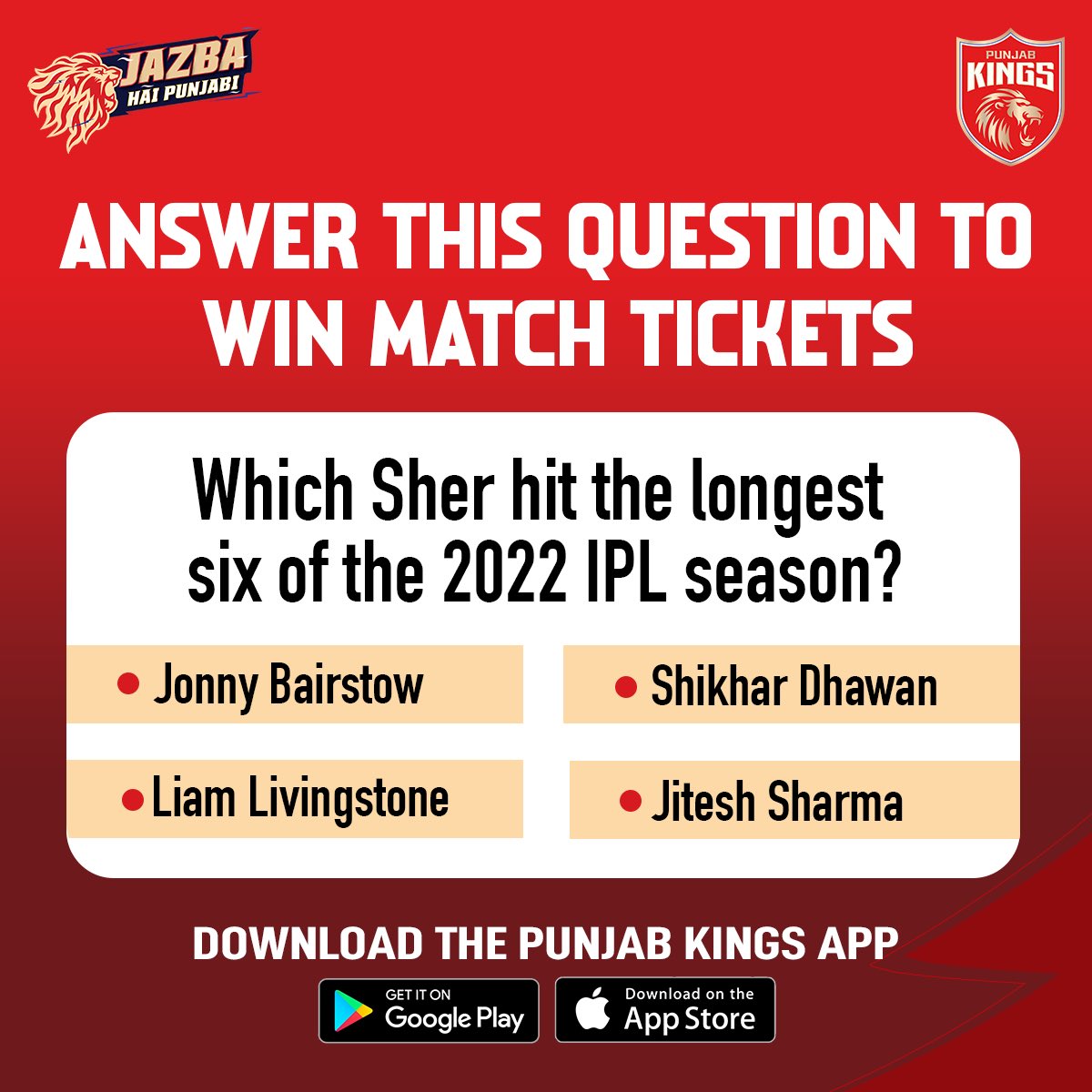PunjabKingsIPL's tweet photo. #SherSquad, guess who hit the monstrous six and win free match tickets for the #PBKSvGT clash at Sadda Akhada 2.0! ๐คฉ๐ฆ
Swipe โฌ
๏ธ and know the rules of the #MatchDaJazba contest and win your tickets now! ๐๏ธ
#SaddaPunjab #PunjabKings #JazbaHaiPunjabi #TATAIPL2024 https://t.co/ePjV50GSFl
