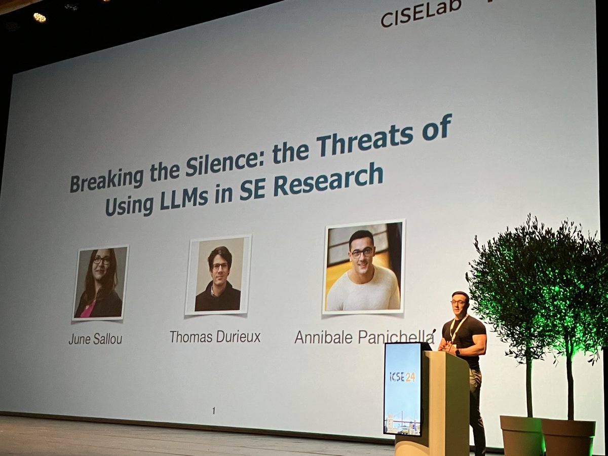 Andy Zaidman (@azaidman) on Twitter photo Now <a href="/AnniPanic/">Annibale Panichella</a> presenting āBreaking the Silence: the Threats of Using LLMs in SE Researchā.
joint work with @junesallou <a href="/thodurieux/">Thomas Durieux</a>
@ICSEConf #ICSE2024 <a href="/serg_delft/">SERG TU Delft</a> Now <a href="/AnniPanic/">Annibale Panichella</a> presenting āBreaking the Silence: the Threats of Using LLMs in SE Researchā.
joint work with @junesallou <a href="/thodurieux/">Thomas Durieux</a>
@ICSEConf #ICSE2024 <a href="/serg_delft/">SERG TU Delft</a>