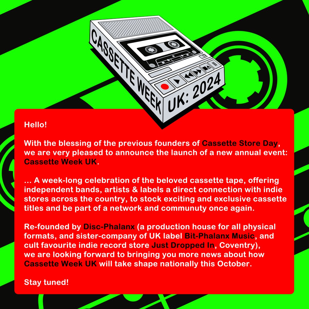 We're very excited to announce the launch of a new annual event: Cassette Week UK.

Stay tuned!

#CWUK24 #CassetteWeekUK #CassetteWeekUK2024 #RSD24