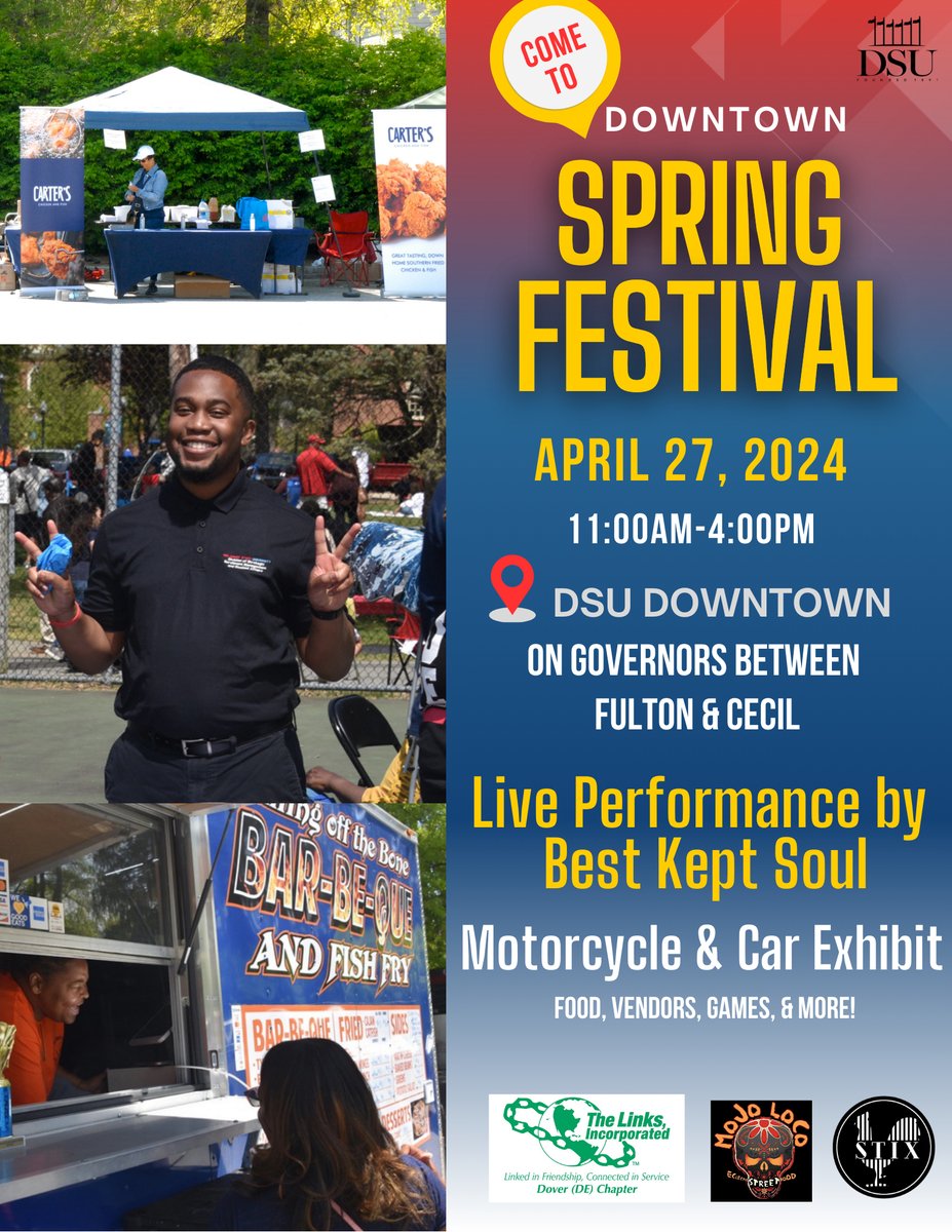 Join DSU Downtown for the 3rd Annual Spring Festival. There will be food, vendors, games, and live music for all! Interested in becoming a vendor? Visit ow.ly/Ff4C50Rk1LP. If you're interested in having an information table at the event, visit ow.ly/eiCv50Rk1LO.