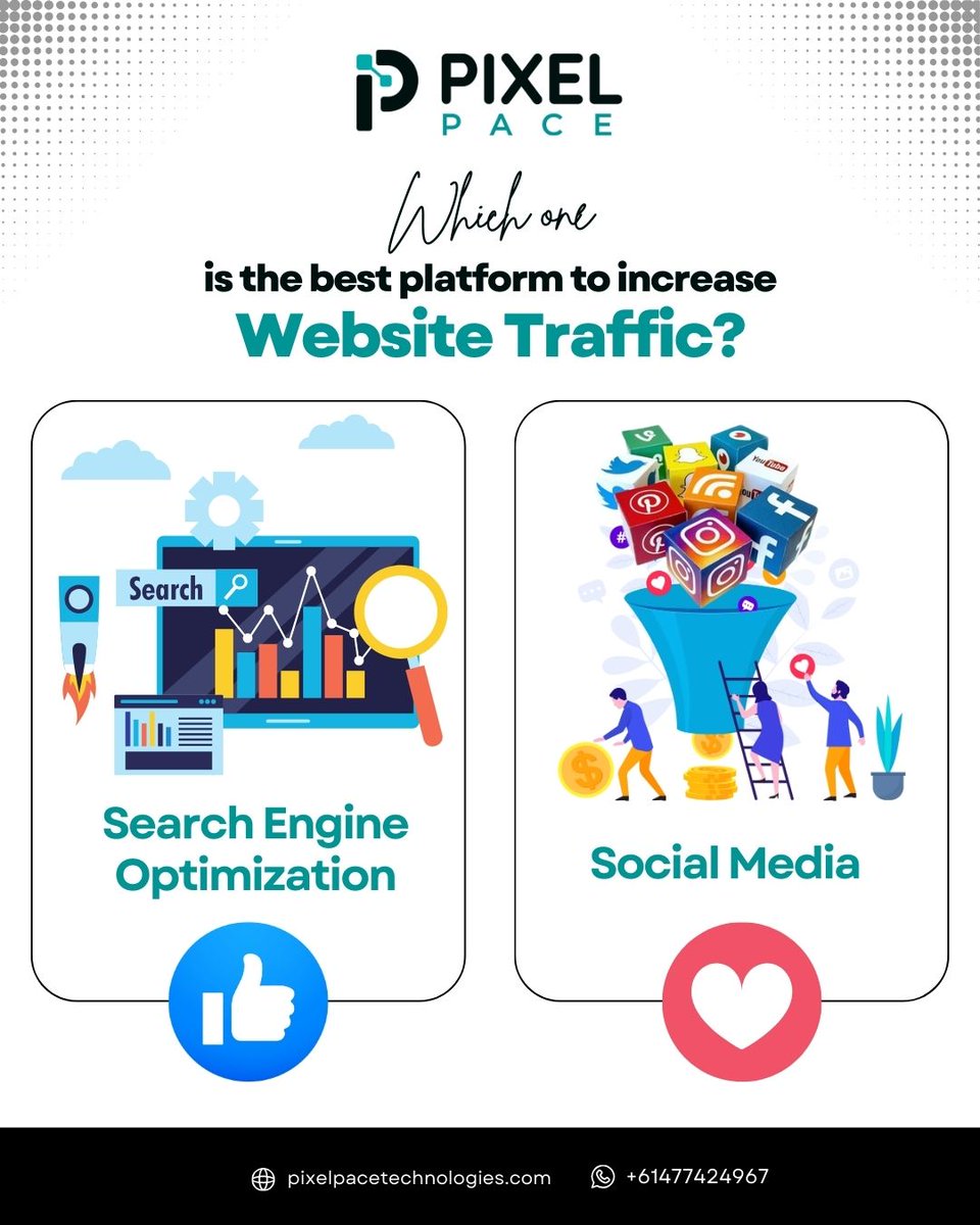 To increase your website traffic, what do you prefer?
 Search Engine Optimization or Social Media
.
Visit Us: pixelpacetechnologies.com
or contact us at +61 477 424 
.
#SocialMedia #Websitetraffic #SEO #WebDevelopment #GrowYourBusiness #AI #LogoDesign #pixelpacetechnologies