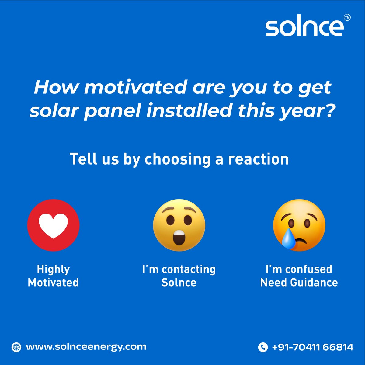 How motivated are you to get #solarpanels installed this year? Tell us by choosing a reaction ❤️😲😢 Visit: solnceenergy.com or Call: 07041166814 . . . #solar #solarenergy #government #PMSuryaGharYojana #HarGharSolar #Visionsurat2025 #investment #thursdayvibes #Solnce