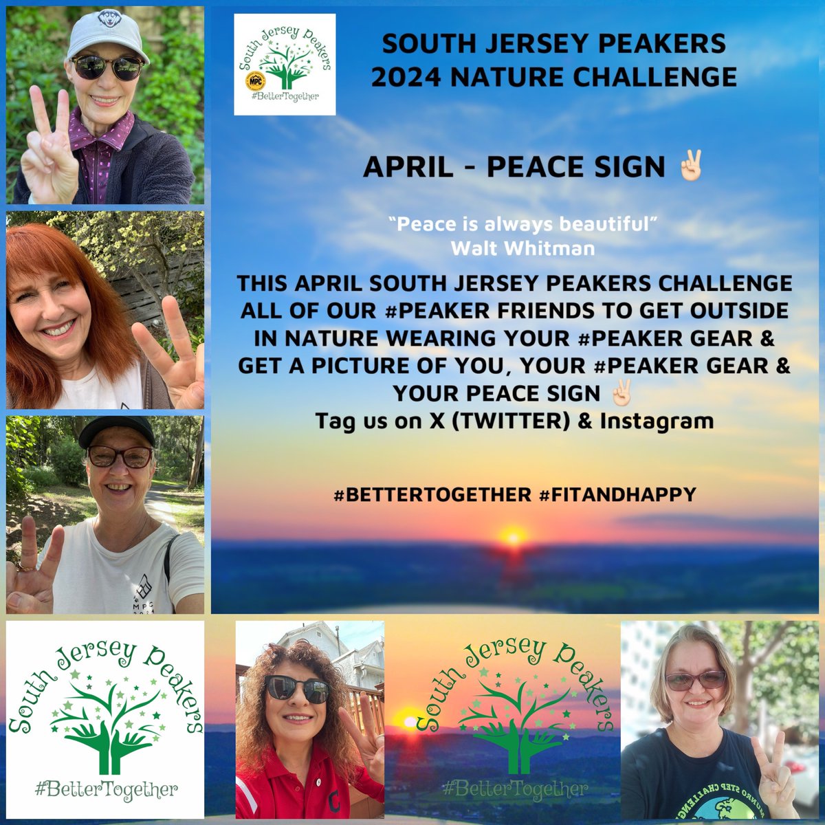 Join us!!! This April South Jersey Peakers challenge all our #peaker friends to get outside in nature wearing your #peaker gear & get a picture of you, your #peaker gear & your ✌🏻Peace Sign! Tag us on X (Twitter) & Instagram #BetterTogether #FitandHappy