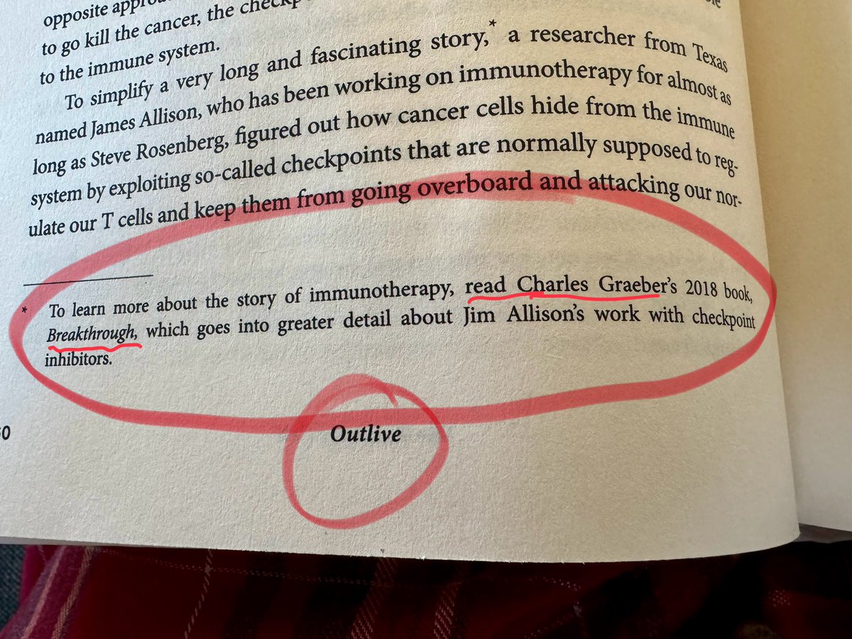 Gratitude and respect to @PeterAttiaMD for recommending THE BREAKTHROUGH in his new book “OUTLIVE”. I’m hearing from readers so will get this recommended  book! Thanks for the plugging me, means a lot! #OUTLIVE #TheBreakthrough #books #immunotherapy