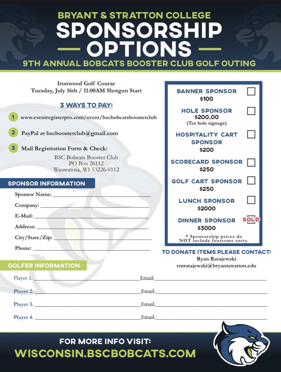 Bryant &amp; Stratton College is set to host its ninth annual golf outing on July 16.

Come out and support our student-athletes!

Signup link: eventregisterpro.com/event/bscbobca…

#BobCatNation | #GoCats