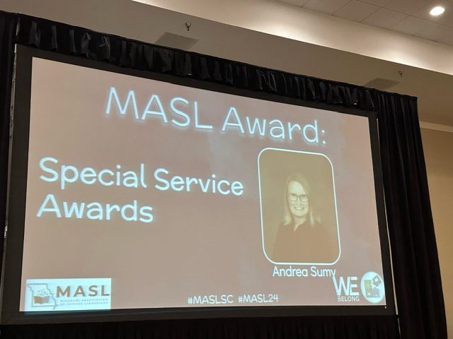 Congratulations to Director of Library Media Andrea Sumy for earning the Missouri Association of School Librarians Special Service Award! What a great celebration to add to School Library Month! #LPSLeads